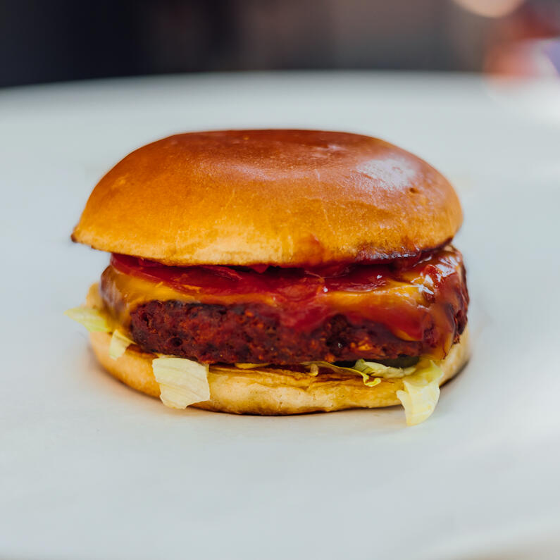 Veggie und veganer Burger mit pflanzlichem Patty, Salat, Sauce und weichem Bun bei der Probierbude in Hannover-Südstadt.